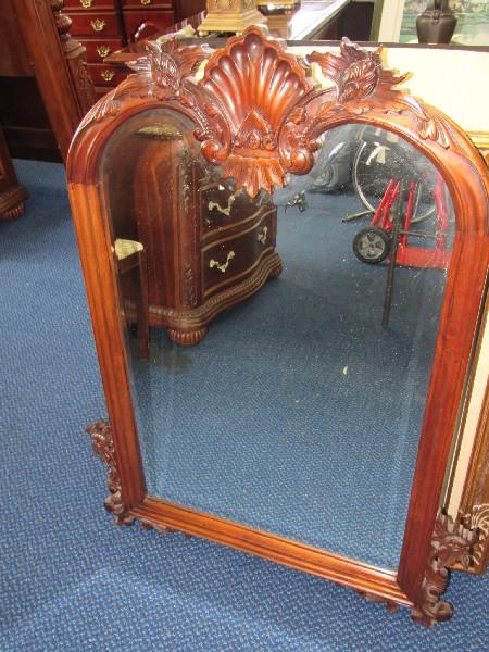 Wall Mounted Mirror Heavily Carved Scallop/Leaf Pediment to Scroll/Floral Lower Corners