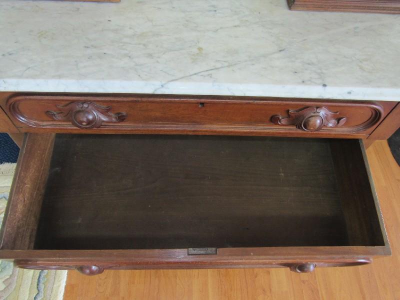 Antique Mid/Late 1800's Cherry Dark Wood Vanity 4 Drawers, Heavily Carved Wood Pulls