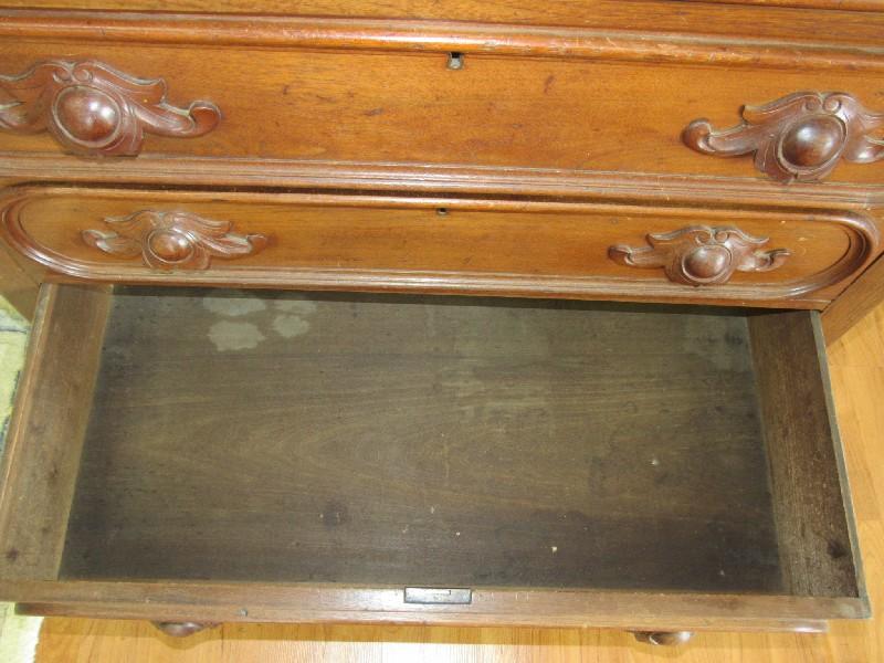 Antique Mid/Late 1800's Cherry Dark Wood Vanity 4 Drawers, Heavily Carved Wood Pulls