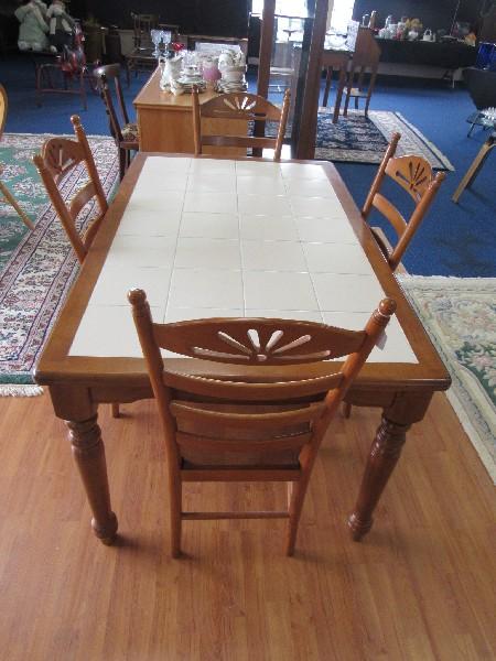 White Tile Square Top/Wooden Spindle Body Dining Table w/ 4 Wood Chairs