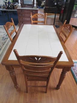 White Tile Square Top/Wooden Spindle Body Dining Table w/ 4 Wood Chairs