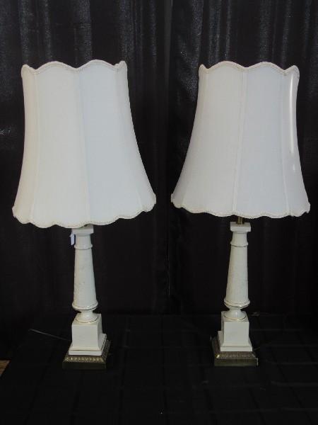 Twin Pair - White Ceramic/Gilted Trim Lamps Brass Leaf Trim Base, Floral Scallion