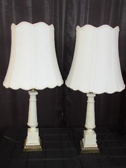 Twin Pair - White Ceramic/Gilted Trim Lamps Brass Leaf Trim Base, Floral Scallion