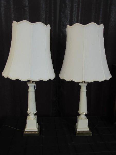 Twin Pair - White Ceramic/Gilted Trim Lamps Brass Leaf Trim Base, Floral Scallion