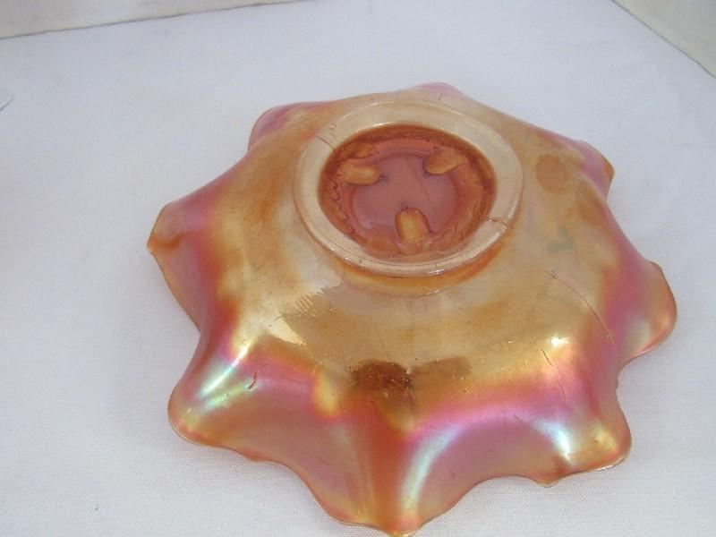 Amber Iridescent Indiana Glass Leaf/Acorn Pattern Bowl & Ribbed Creamer