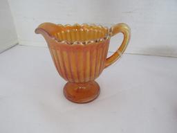 Amber Iridescent Indiana Glass Leaf/Acorn Pattern Bowl & Ribbed Creamer