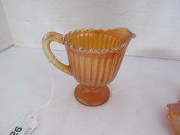 Amber Iridescent Indiana Glass Leaf/Acorn Pattern Bowl & Ribbed Creamer