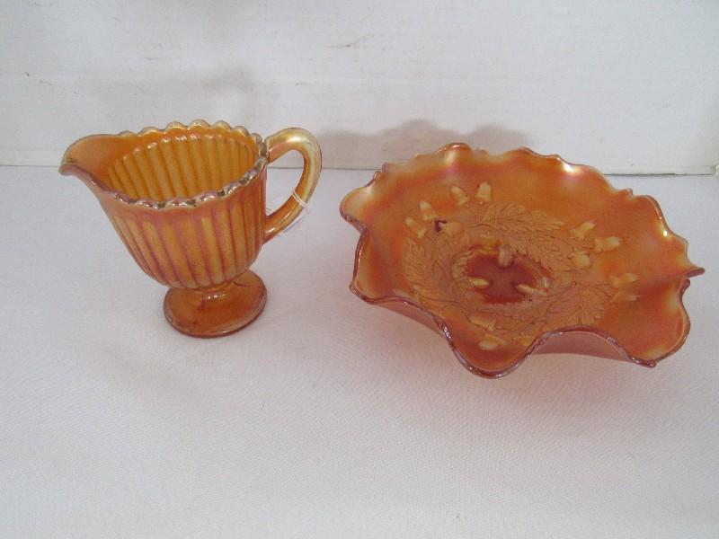 Amber Iridescent Indiana Glass Leaf/Acorn Pattern Bowl & Ribbed Creamer