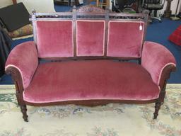 Antique Mid/Late 1800's Dark Wood Loveseat Victorian Eastlake Style Bannister Trim