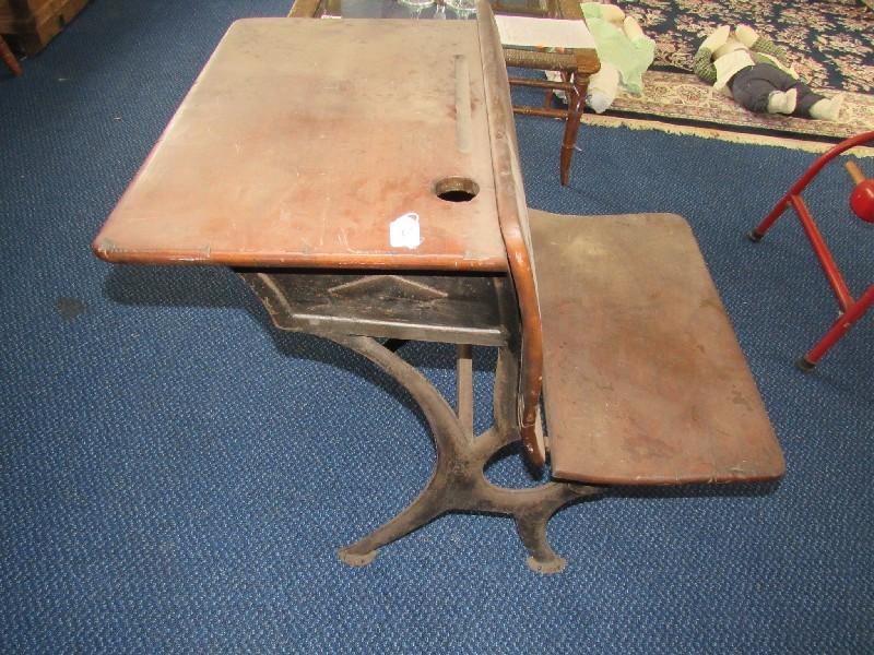 Vintage/Antique Wooden Childs School Desk Wood Top, Metal Legs, Folding Seat