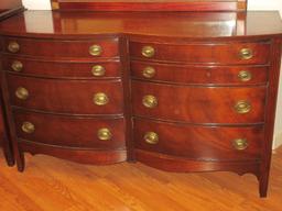 Dixie Furniture Georgian Style Mahogany Double Bow Front Dresser w/ Attached Framed Mirror