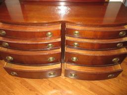 Dixie Furniture Georgian Style Mahogany Double Bow Front Dresser w/ Attached Framed Mirror