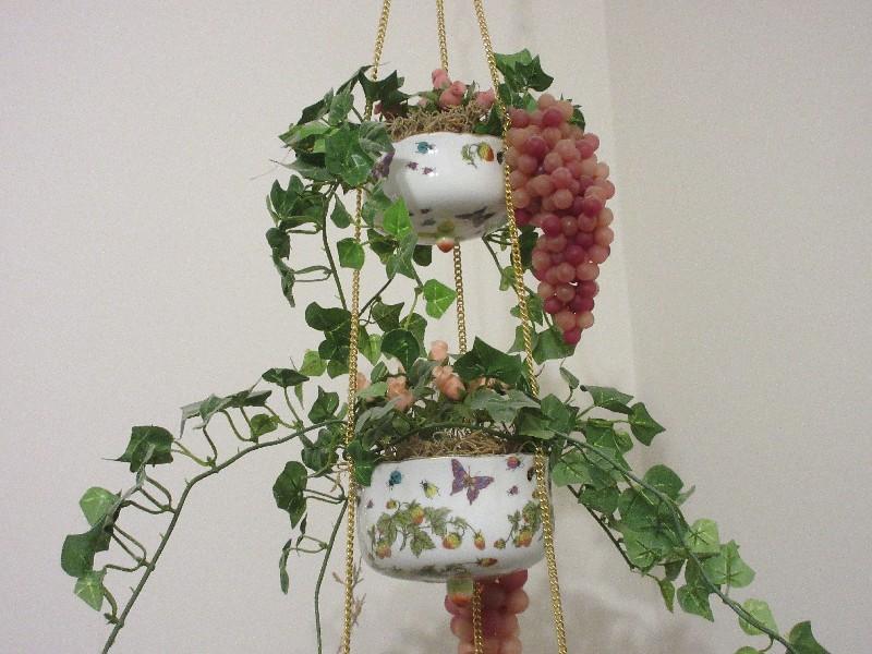 Porcelain 3-Tier Hanging Planter Butterflies, Strawberries & Insects Transfer Design