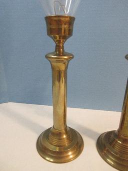 Pair - Hosley International Solid Brass Column Candlesticks w/ Glass Hurricane Shades