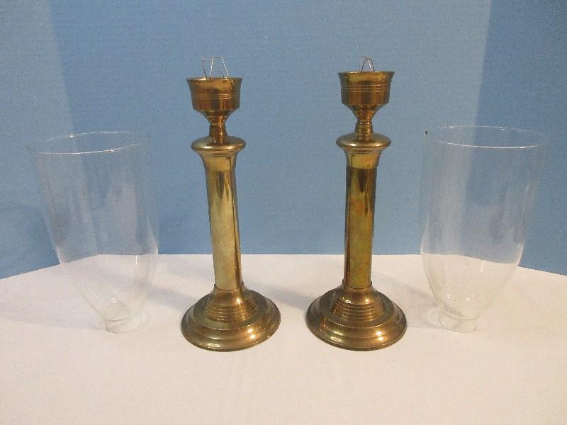 Pair - Hosley International Solid Brass Column Candlesticks w/ Glass Hurricane Shades