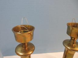 Pair - Hosley International Solid Brass Column Candlesticks w/ Glass Hurricane Shades