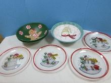 Lot 6 Hand Painted Various Winter Snowman & Tulip Scene Coupe 10 1/8" Plates Red Trim,