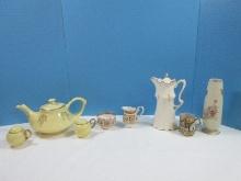 Lot Vintage Yellow Art Deco Teapot Gilt Design Relief Scroll, Pair Salt/Pepper Shakers