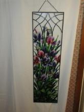 Striking Beautiful Colorful Irises In Full Bloom and Dragonfly Suncatcher Window Panel