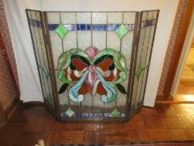 Tiffany Style Elegant Classic Victorian Era Design Tri-Fold Panel Fireplace Screen Frosted