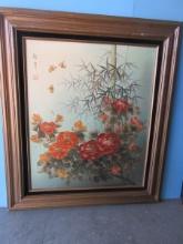 Chinese Floral & Bamboo w/Dragonflies Original Oil on Canvas Signed Gilt Frame Black Velvet