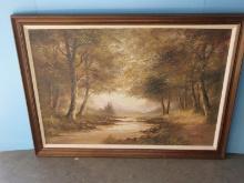 Peaceful Babbling Brook Woodland Scene Original Oil on Canvas Artist Signed H. Schonberg in