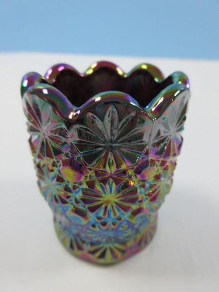 Collection 3 Glass Toothpick Holders LE Smith Amethyst Carnival Glass Daisy & Button, Ruby Red