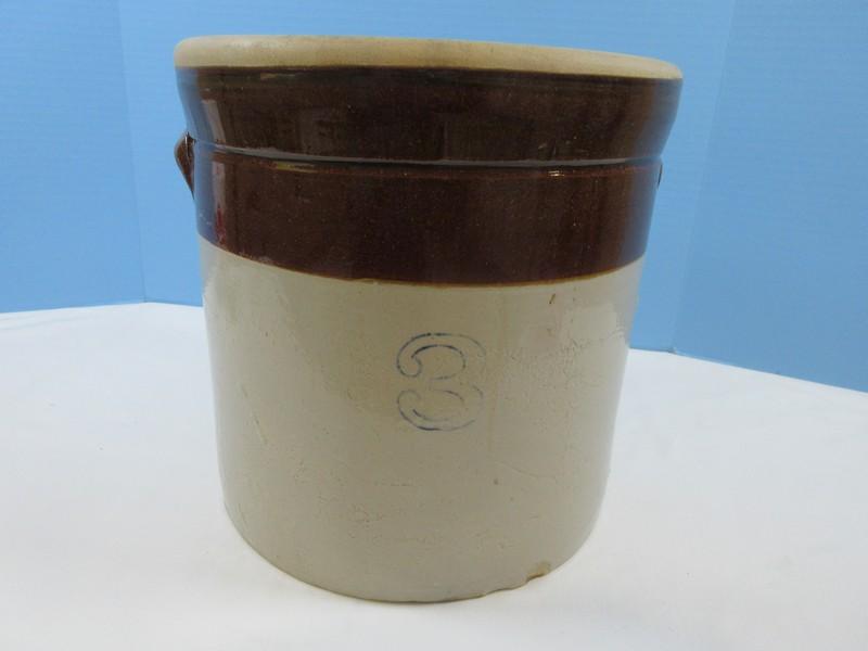 Vintage Pottery Stoneware Storage 3 Gallon Vessel Crock w/Lug Handles-10 3/4"H, Top 10 1/2"