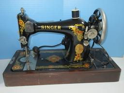 Antique Beautiful Adorned Portable Singer Sewing Machine in Wood Case w/Lock & Key Circa