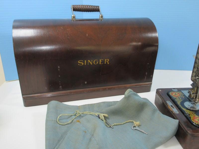 Antique Beautiful Adorned Portable Singer Sewing Machine in Wood Case w/Lock & Key Circa
