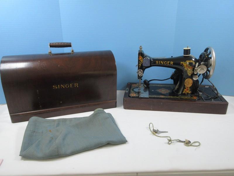 Antique Beautiful Adorned Portable Singer Sewing Machine in Wood Case w/Lock & Key Circa