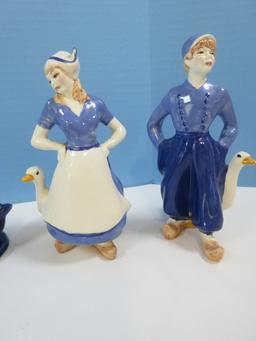Collectors Brayton Laguna Pottery 6 1/2" Pair Dutch Boy & Girl w/3 Geese Figurines, 4 1/2" Blue