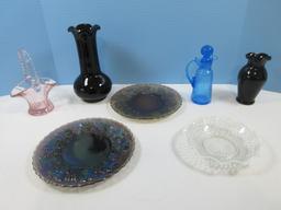 Lot 2 Imperial Glass Smoke Carnival Glass 7 3/4" Plates Grape Pattern Rim, Handblown Glass