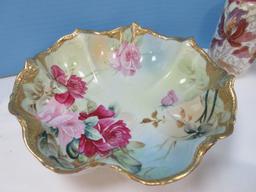 Porcelain Collection Nippon Hand Painted Pink Rose w/Beaded Gilt Trim 10" Bowl, N.P.S.K.