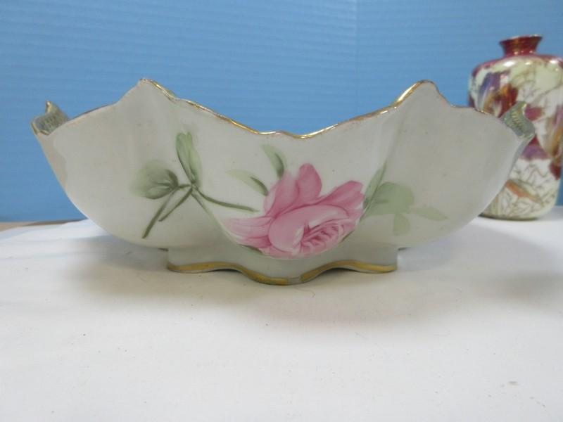 Porcelain Collection Nippon Hand Painted Pink Rose w/Beaded Gilt Trim 10" Bowl, N.P.S.K.