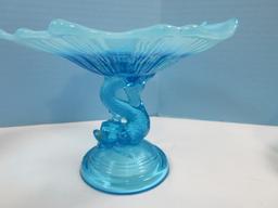 Azure Blue Glass Collection Blue Opalescent Dolphin Base 4 3/4" Compote, Unique Hand Blown