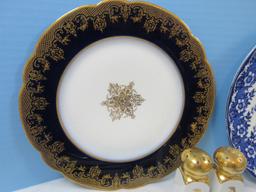 Lot Porcelaiin 10" Plate Gilt/Cobalt Spoke Foliage Pattern, Blue Willow Homer Laughlin/Other