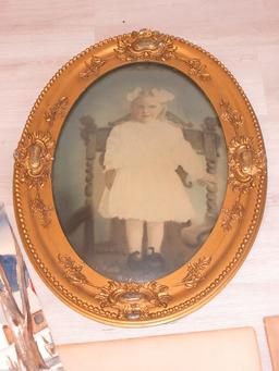 Lot Early Child's Portrait Hand-Tinted Photograph in Ornate Oval Gilt Frame Convex Glass 25"x19"