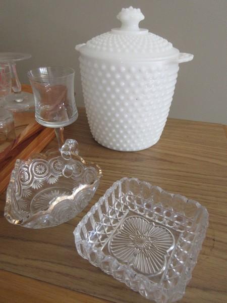Lot Glassware Etched Flowering Vine Tall Sherbet/Champagne Stems, Milk Glass Cookie Jar,
