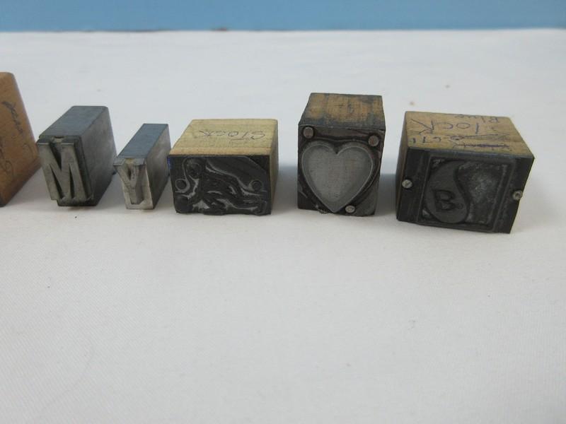 Lot Wooden Block/Metal Letter Press Printers Blocks hearts, Bowling Pins, Flag, Christmas etc..