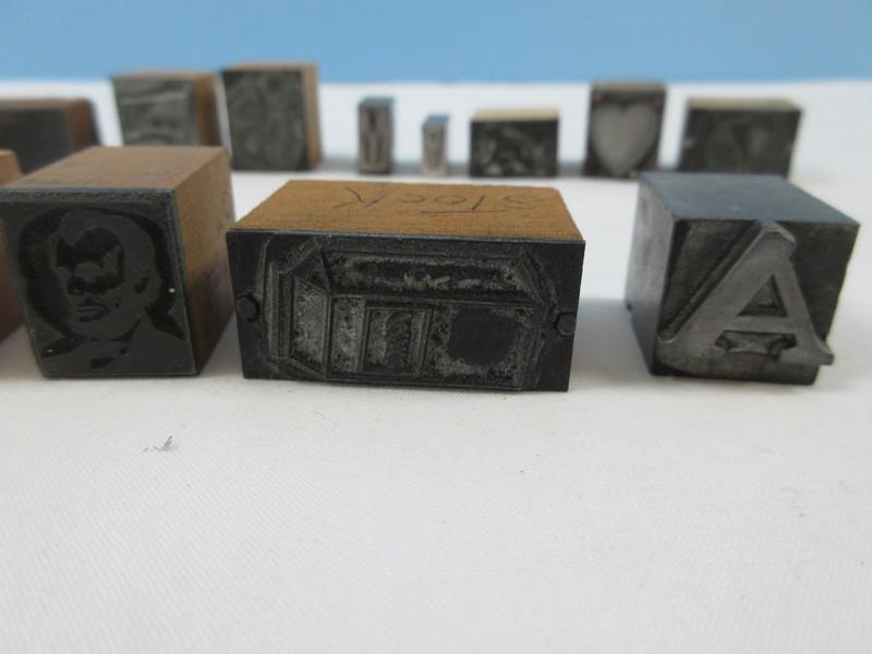 Lot Wooden Block/Metal Letter Press Printers Blocks hearts, Bowling Pins, Flag, Christmas etc..