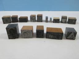 Lot Wooden Block/Metal Letter Press Printers Blocks hearts, Bowling Pins, Flag, Christmas etc..