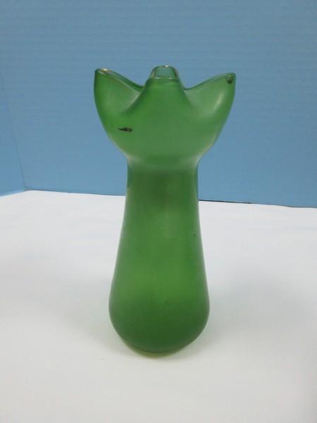 Early Hand Blown Art Nouveau Style 7 1/2" Uranium Glass Cupped Vase Handpainted Flower