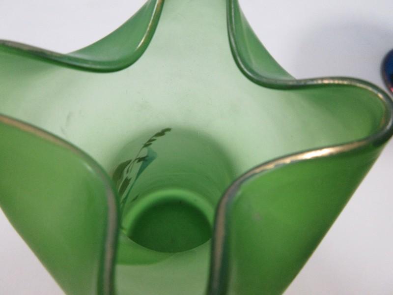 Early Hand Blown Art Nouveau Style 7 1/2" Uranium Glass Cupped Vase Handpainted Flower