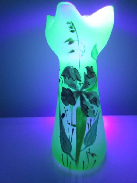 Early Hand Blown Art Nouveau Style 7 1/2" Uranium Glass Cupped Vase Handpainted Flower