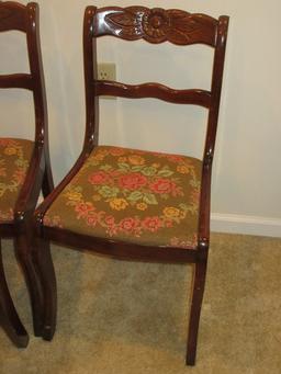 Set of 4 Mahogany Carved Flower & Foliage Side Chairs w/Pastel Floral Spray Upholstered Seats