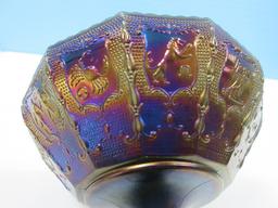 Imperial Glass Amethyst Carnival Glass Zodiac Panel Pattern-4 3/4" Stem Compote, Top 5 1/2"