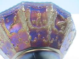 Imperial Glass Amethyst Carnival Glass Zodiac Panel Pattern-4 3/4" Stem Compote, Top 5 1/2"