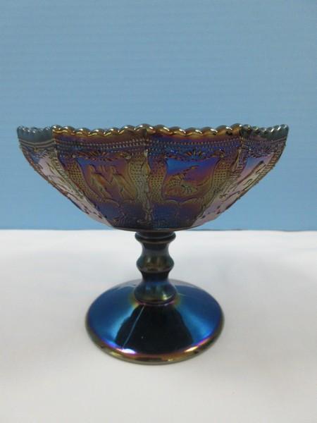 Imperial Glass Amethyst Carnival Glass Zodiac Panel Pattern-4 3/4" Stem Compote, Top 5 1/2"