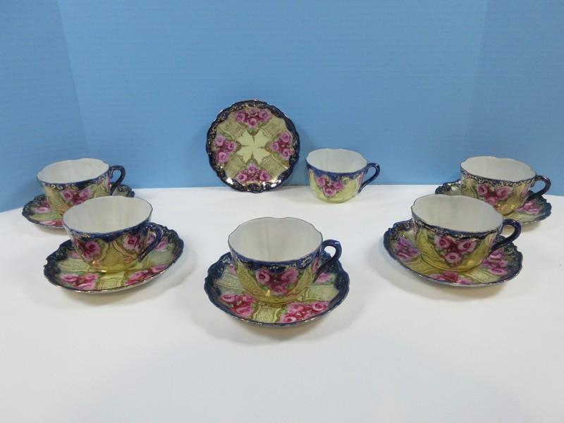 12pc Set of Eggshell Porcelain 6 Cups & Saucers Chinese Hand Painted Pinki Rosebud Spray &
